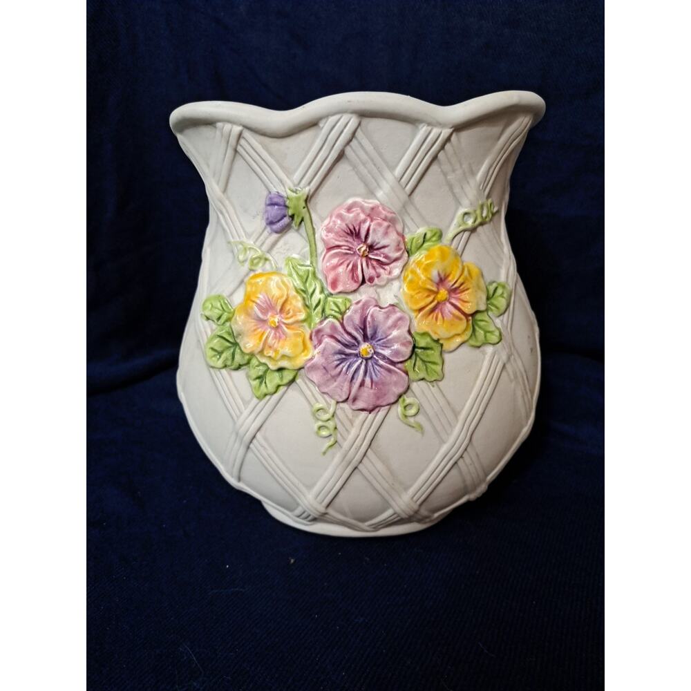 Hand Painted, Whimsical Ceramic Vase, Multicolor Lattice Work Spring Easter